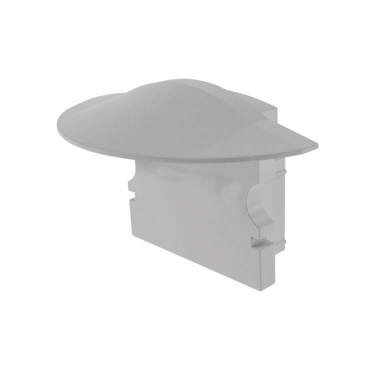 Silbergrauer, pilzförmiger Kunststoffbeschlag mit kreisförmiger Kappe und rechteckiger Basis, oft zur Abdeckung oder Befestigung verwendet.