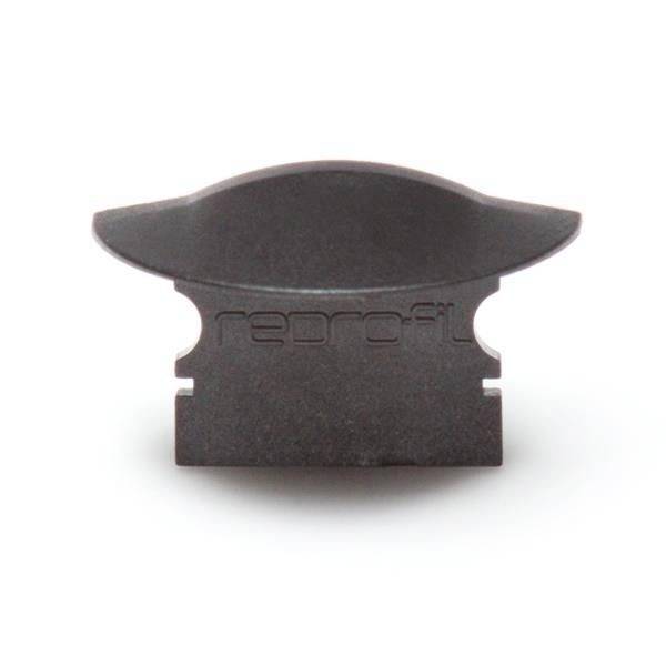 Eine dunkelbraune Kunststoffkomponente mit einem schlanken, geschwungenen Design, geprägt mit dem Schriftzug 'redro fit'.