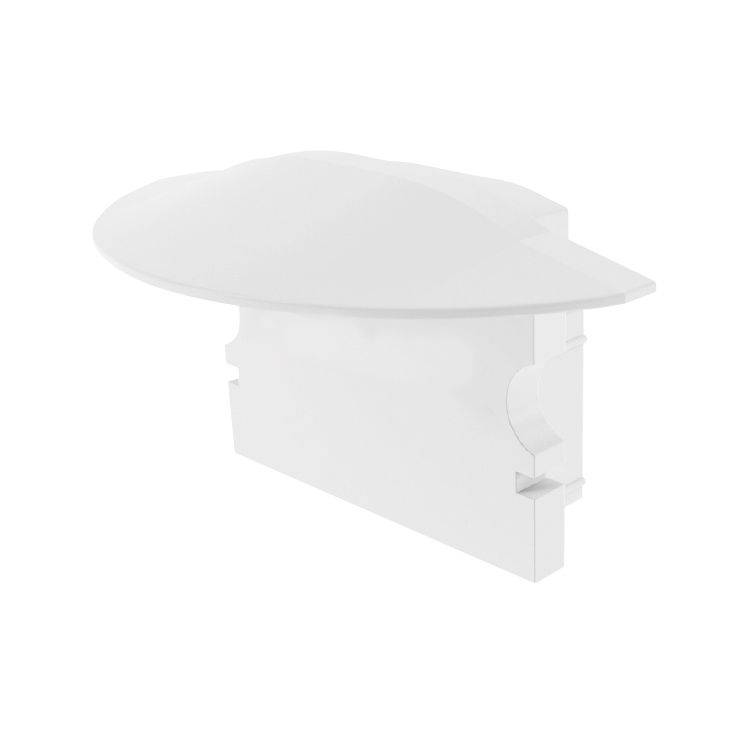 Ein weißer Kunststoffanschlussdeckel mit abgerundeter Kante, verwendet zur Abdeckung von elektrischen Leitungen oder Anschlüssen.