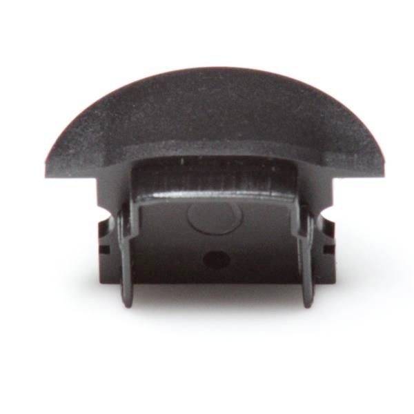 Schwarzes Kunststoffteil, halbkreisförmig mit zwei Befestigungslaschen, vermutlich ein Abdeckelement für elektronische oder mechanische Geräte.