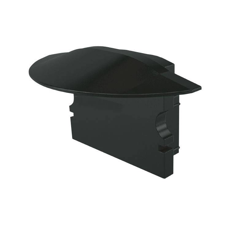 Ein schwarzes, seitliches Endstück aus Kunststoff für ein Schienensystem-HQ-Profil. Es dient als Abschluss und Schutz der Schiene.