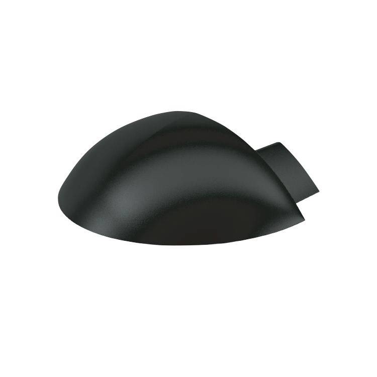 Schwarze, halbkugelförmige Oberfläche mit einem kurzen, breiten Auslass; möglicherweise ein Teil eines architektonischen Elements oder Geräts.