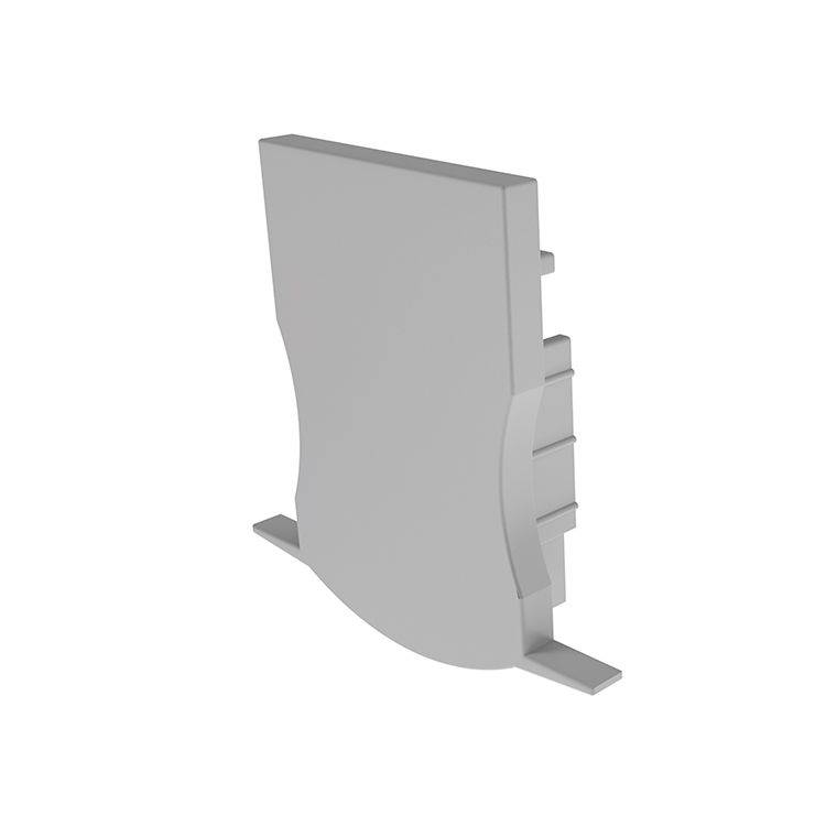 Ein graues Kunststoff-Endstück eines Kabelkanalsystems, seitlich betrachtet.