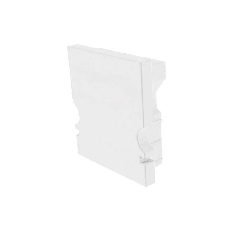 Ein rechteckiges, weißes Bauteil aus Kunststoff mit abgerundeten Kanten und seitlichen Clipsen, vermutlich ein Abdeckelement.
