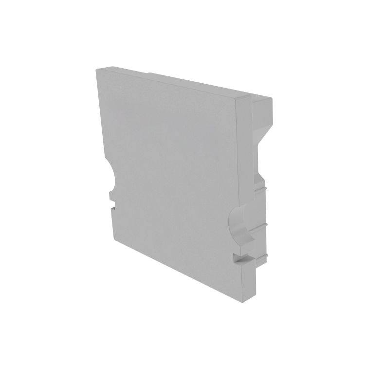 Ein graues Plastikendstück mit einer flachen, rechteckigen Form und seitlichen Kerben, verwendet zum Abschluss von Modulbaugruppen.