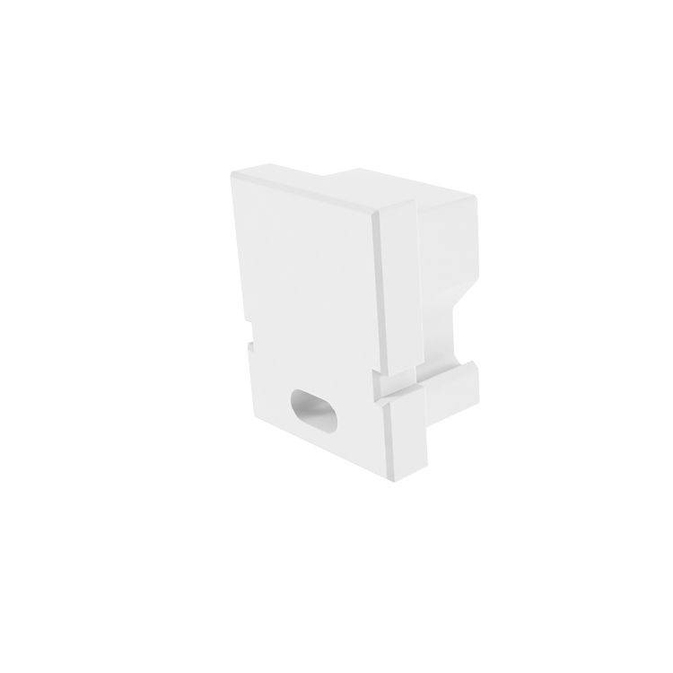 Ein weißer, rechteckiger Kunststoffblock mit einer zentralen Aussparung und seitlicher Rille, möglicherweise ein Montagemodul.