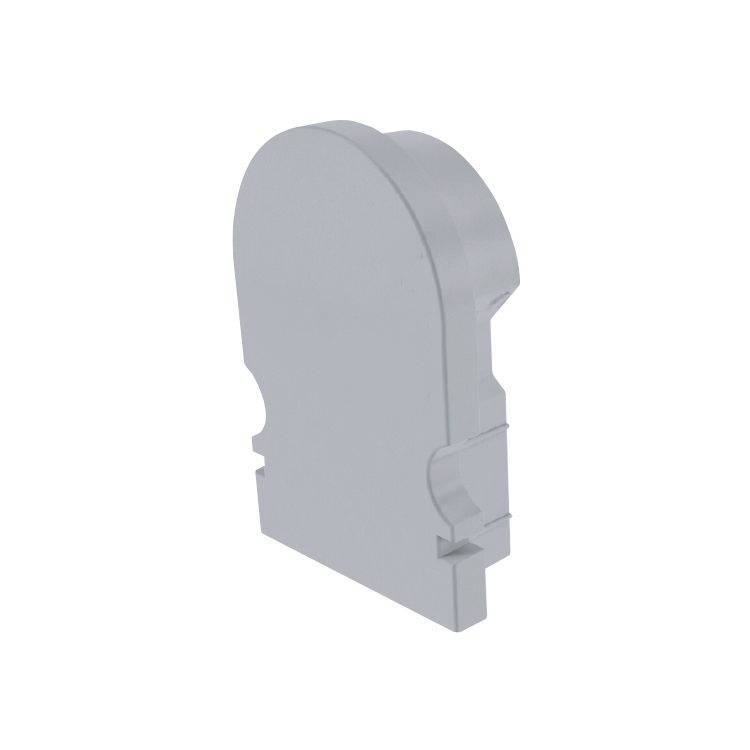 Ein graues, gebogenes Kunststoffobjekt, das von der Seite gezeigt wird, möglicherweise ein Gehäuseteil oder ein Schutzabdeckungsteil.