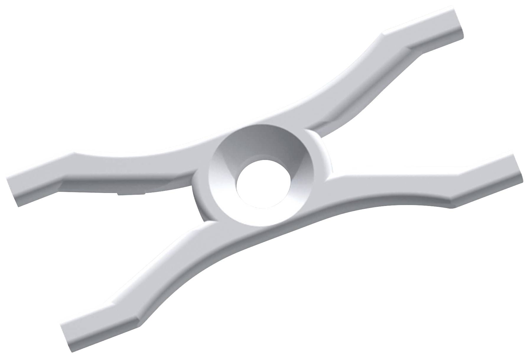 Weiße, gebogene Kunststoffhalterung mit zentralem Loch und vier abgerundeten Armen.