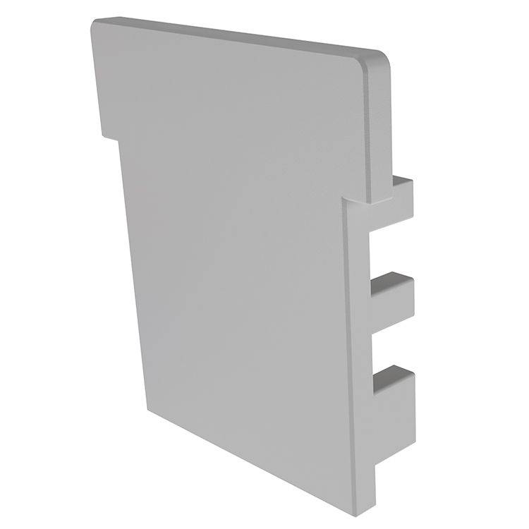 Graue, rechteckige Kunststoffabdeckung mit gerundeten Kanten und drei nach innen reichenden Clips auf der rechten Seite.