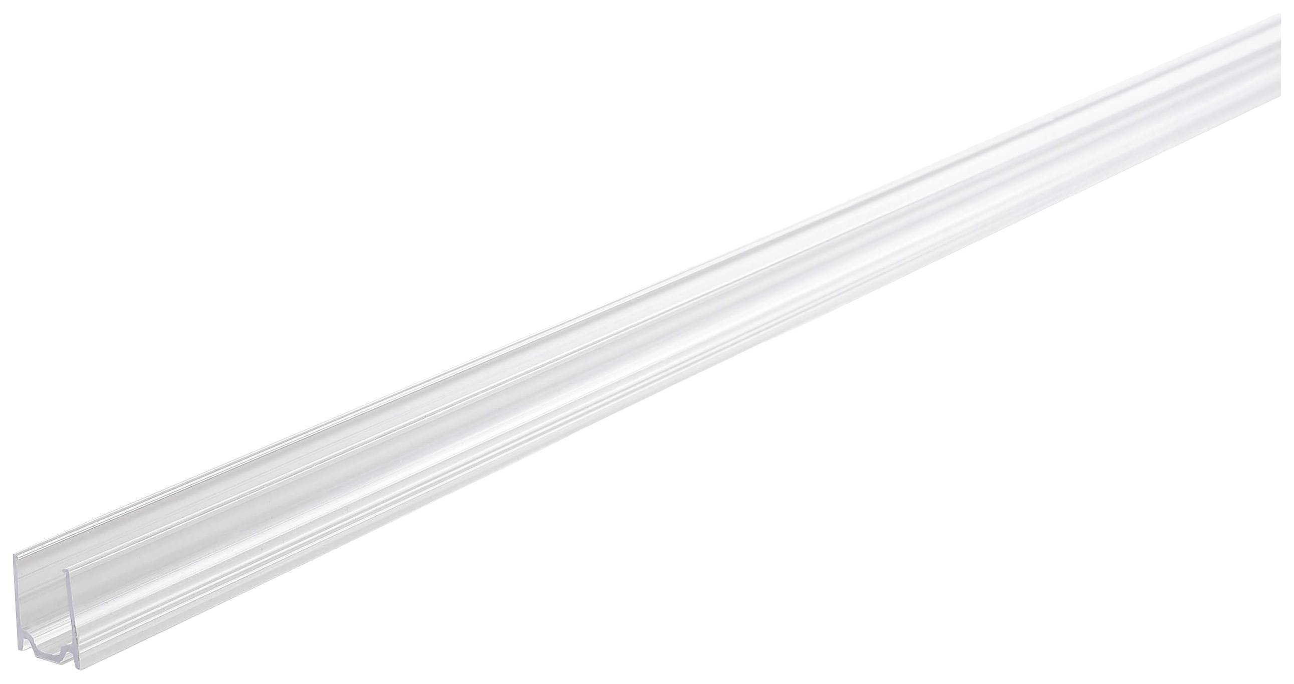 Transparente Kunststoff-Profilschiene, lang und dünn, mit U-förmiger Öffnung, dient zur Abdeckung oder Befestigung von Gegenständen.