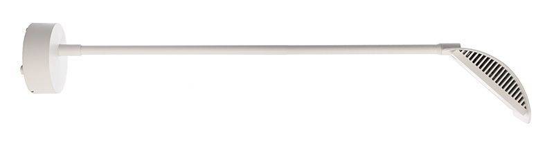 Weiße LED-Wandleuchte mit rundem Sockel und langem, geraden Arm; am Ende ein schwenkbarer, schmaler Kopf mit Gitterdesign.