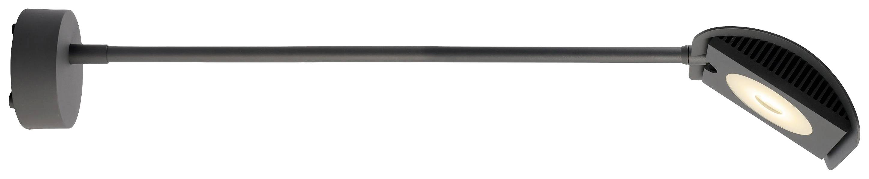 Eine moderne, schwarze Wandleuchte mit schlankem, geradem Arm und abgerundetem Lampenkopf.