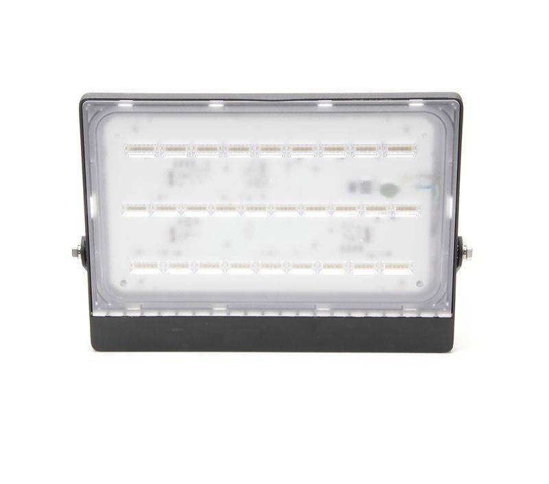 LED-Flutlicht in rechteckiger Form mit schwarzem Rahmen und Glasabdeckung, enthält mehrere LED-Lampen in Reihen angeordnet.