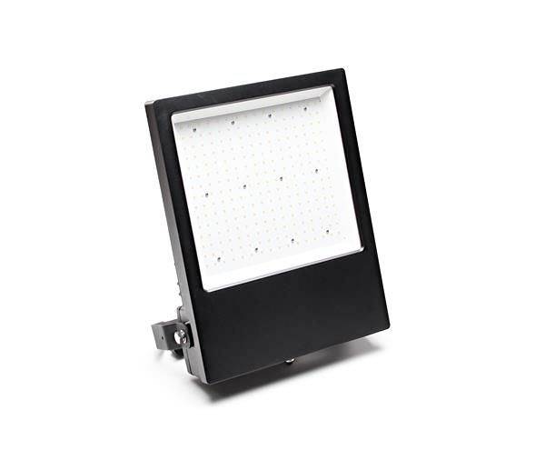 Ein LED-Flutlicht in schwarzem Gehäuse; rechteckige Form mit sichtbaren Diodepunkten; zur Beleuchtung von Flächen im Außenbereich.