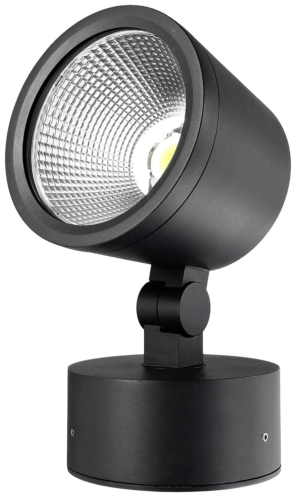 Schwarzer LED-Strahler mit rundem Gehäuse, geeignet für Innenbeleuchtung; der Leuchtkopf ist schwenkbar und verfügt über eine reflektierende Oberfläche.