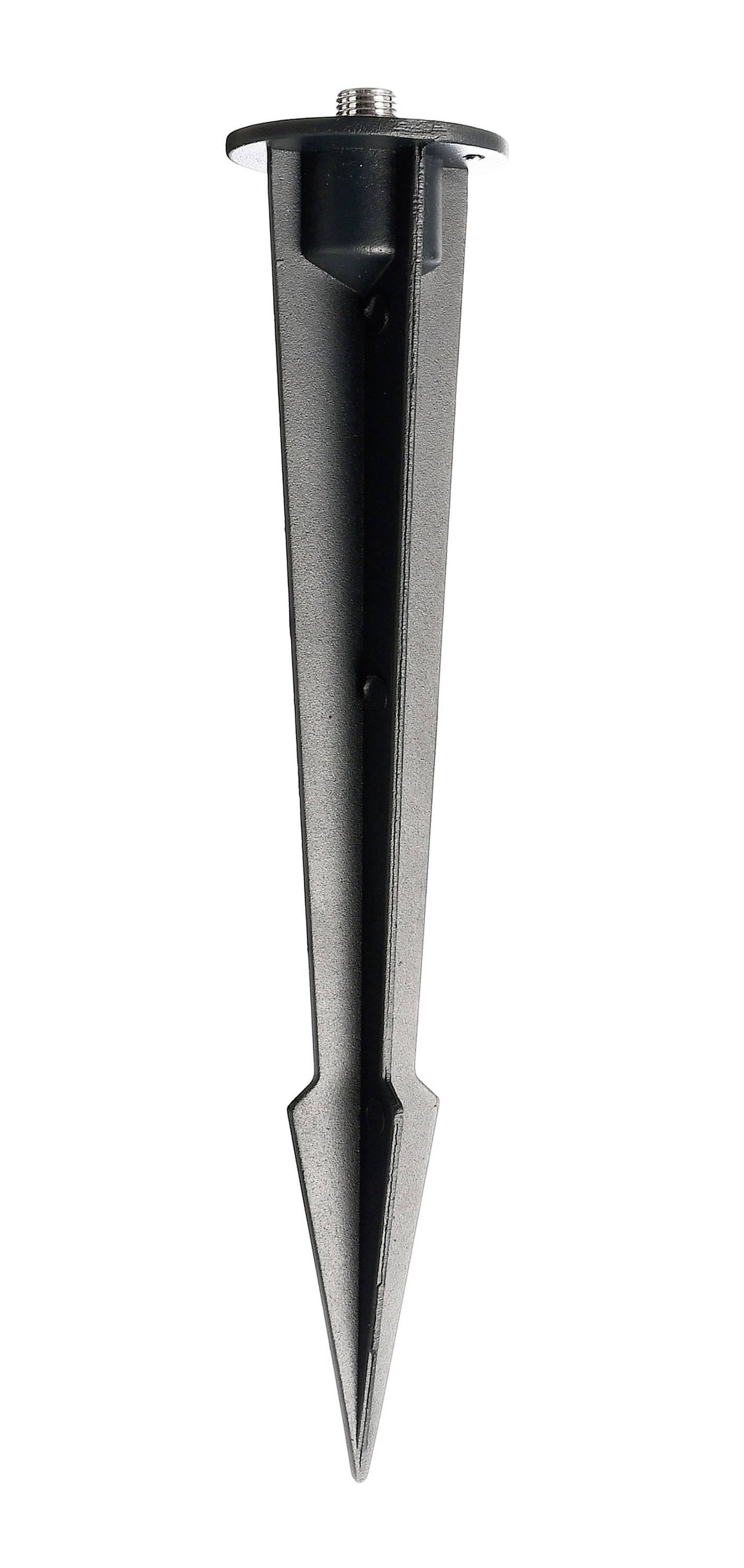 Einzelner schwarzer Erdspieß aus Metall, spitz zulaufend, zur Befestigung von Gegenständen im Boden geeignet.