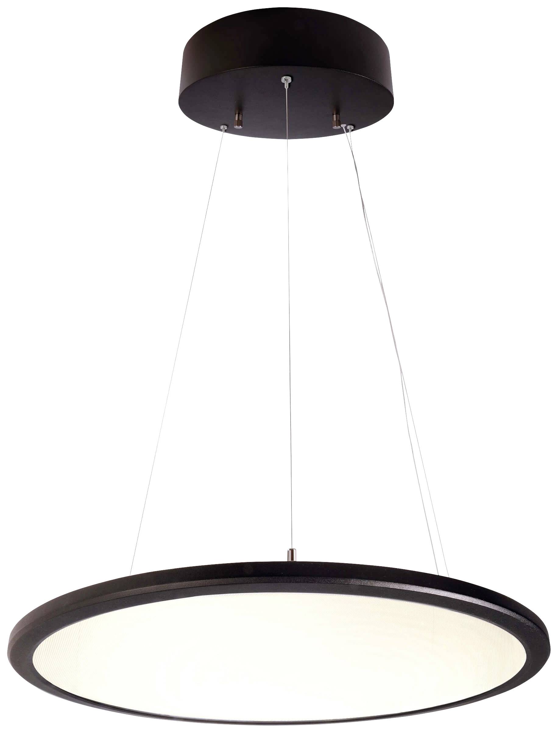 Runde Deckenleuchte mit schwarzem Rahmen und hängenden Drähten, modernes Design.