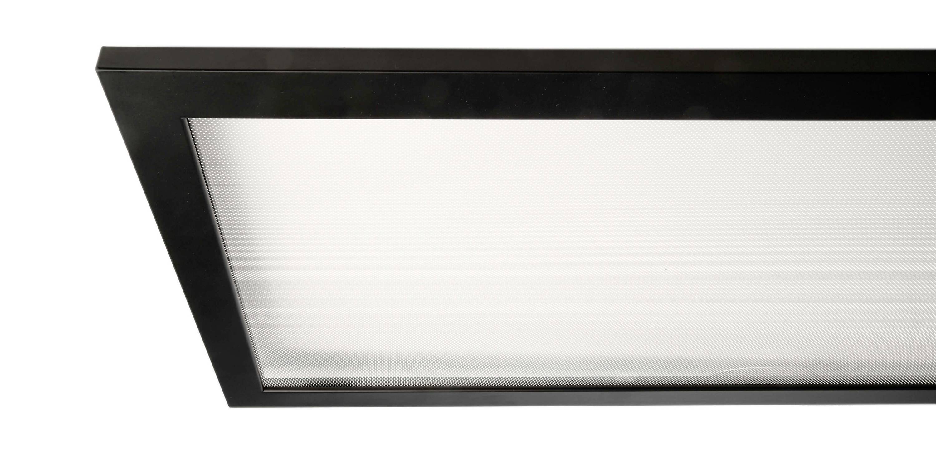 Schwarzes, rechteckiges LED-Panellicht. Weißer Diffusor in der Mitte sorgt für gleichmäßige Lichtverteilung, ideal für Büros.