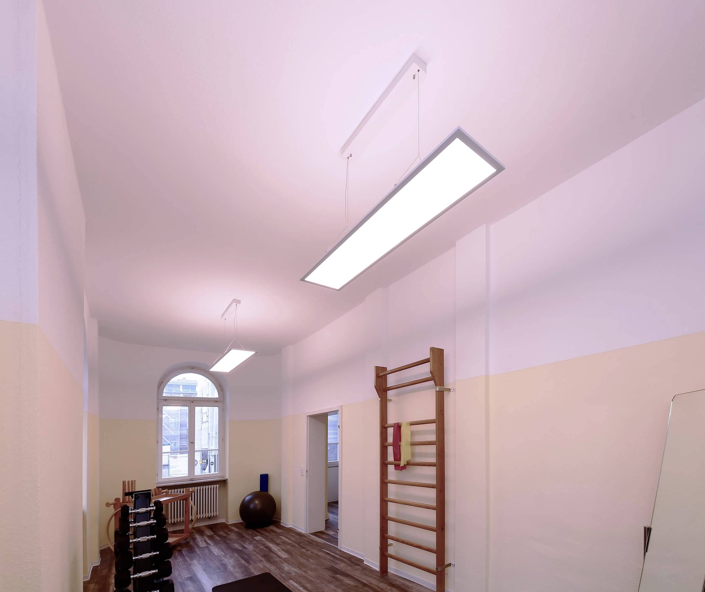 Ein heller Raum mit Turngeräten, darunter Hanteln und eine Sprossenwand. Große Fenster lassen Tageslicht herein. Teppichboden vorhanden.