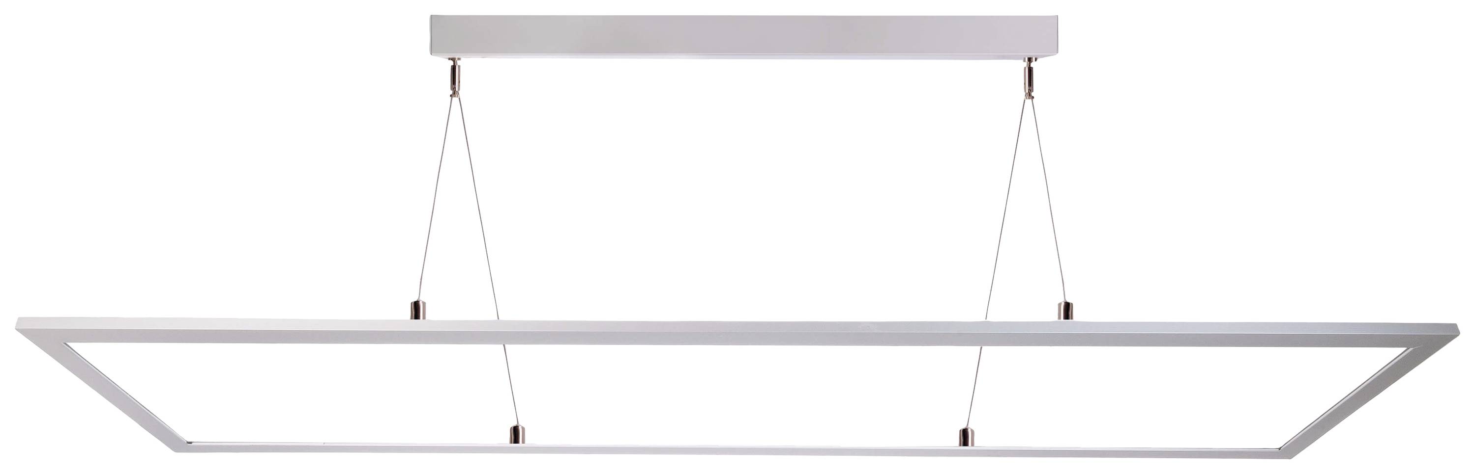 Moderne, rechteckige Pendelleuchte mit minimalistischen Design, hängend an dünnen Kabeln von einer Deckenhalterung.