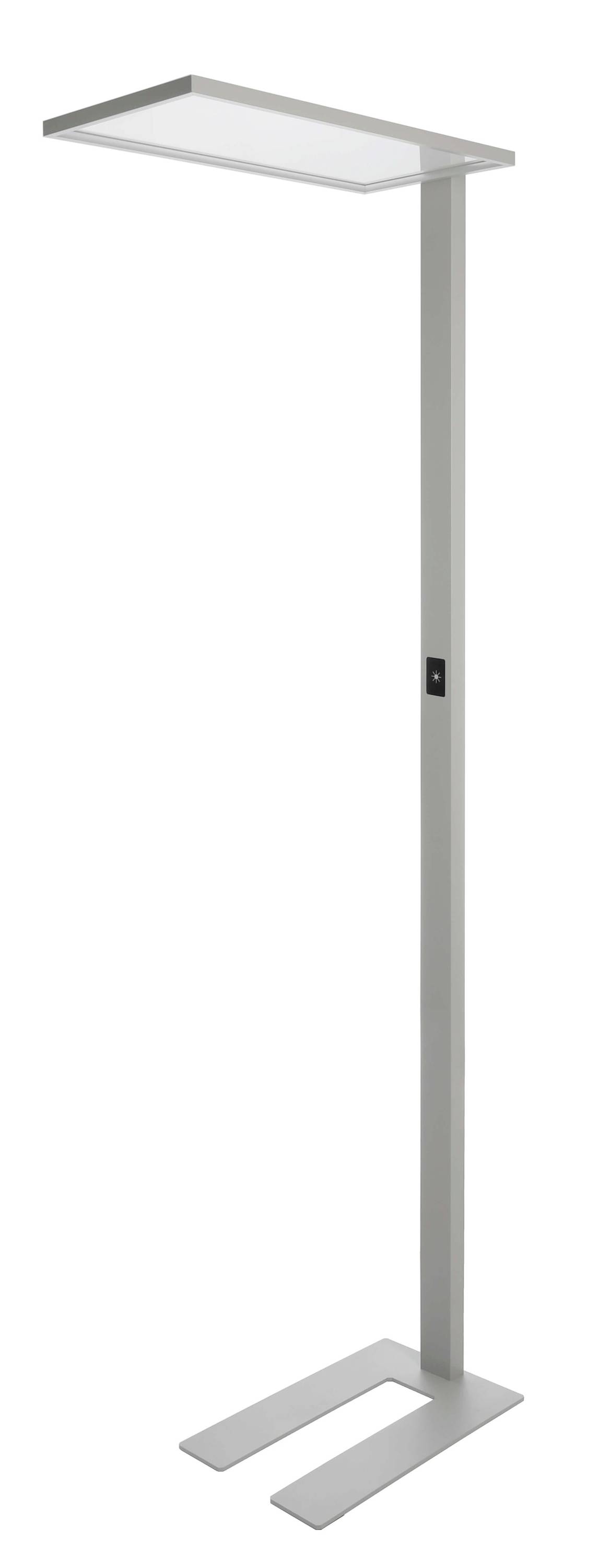 Stehlampe mit rechteckigem Lampenschirm und rechteckigem Standfuß, silberfarbenes Gestell. Ideal für modernes Büro.