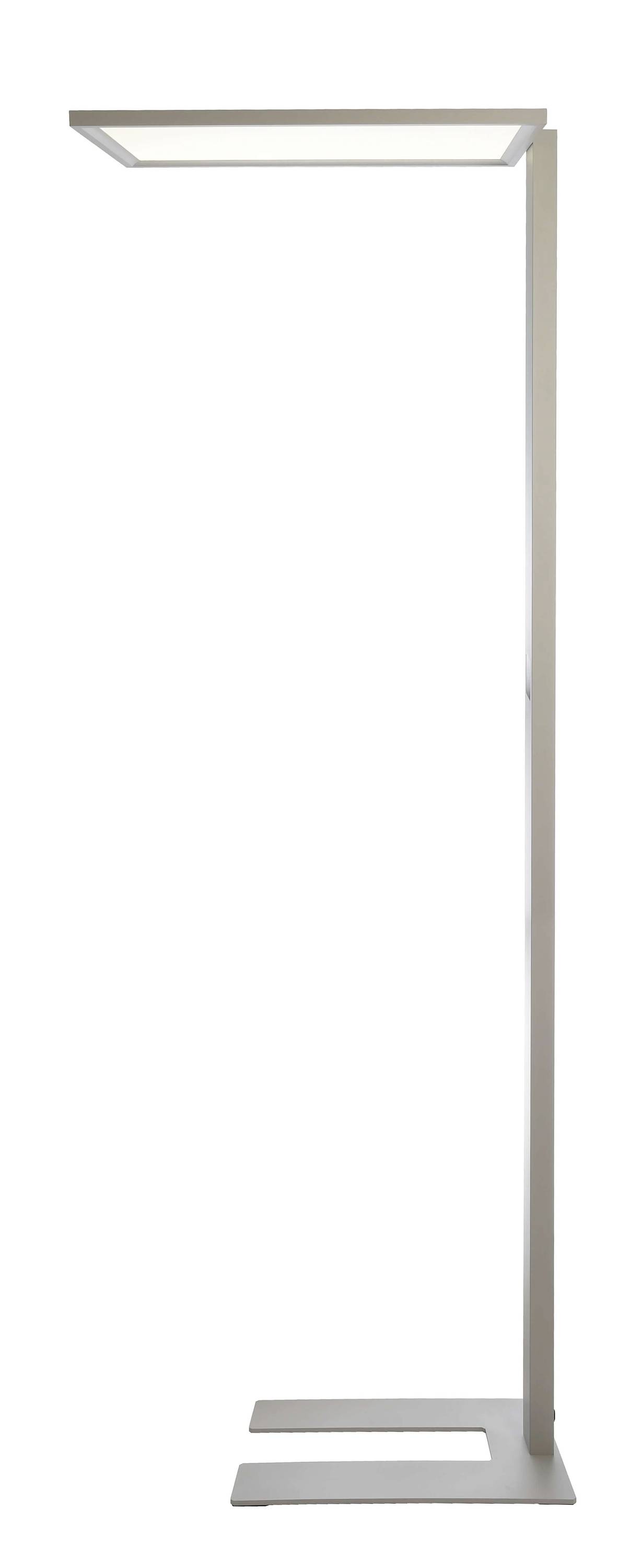 Eine moderne, minimalistische Stehlampe mit rechteckigem Leuchtkopf und schmalem, geradem Ständer. Sie eignet sich für Büro- oder Wohnbereiche.
