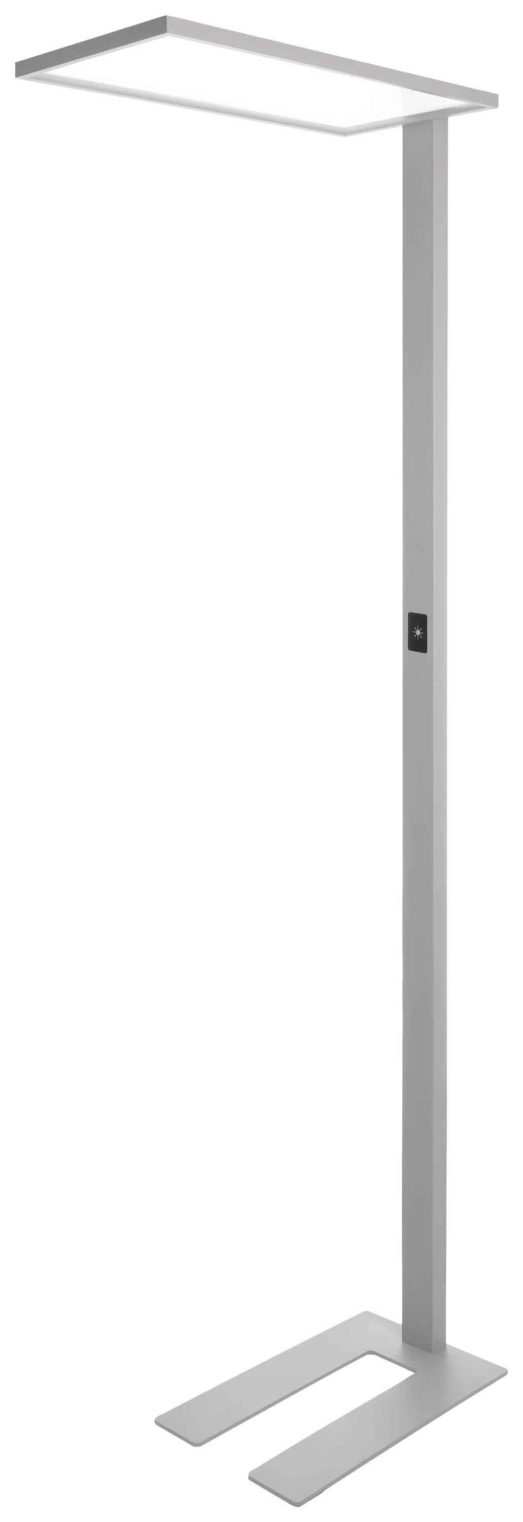 Silberne Stehlampe mit rechteckigem, flachem Lampenschirm und stabilem, rechteckigem Standfuß. Minimalistisches Design.