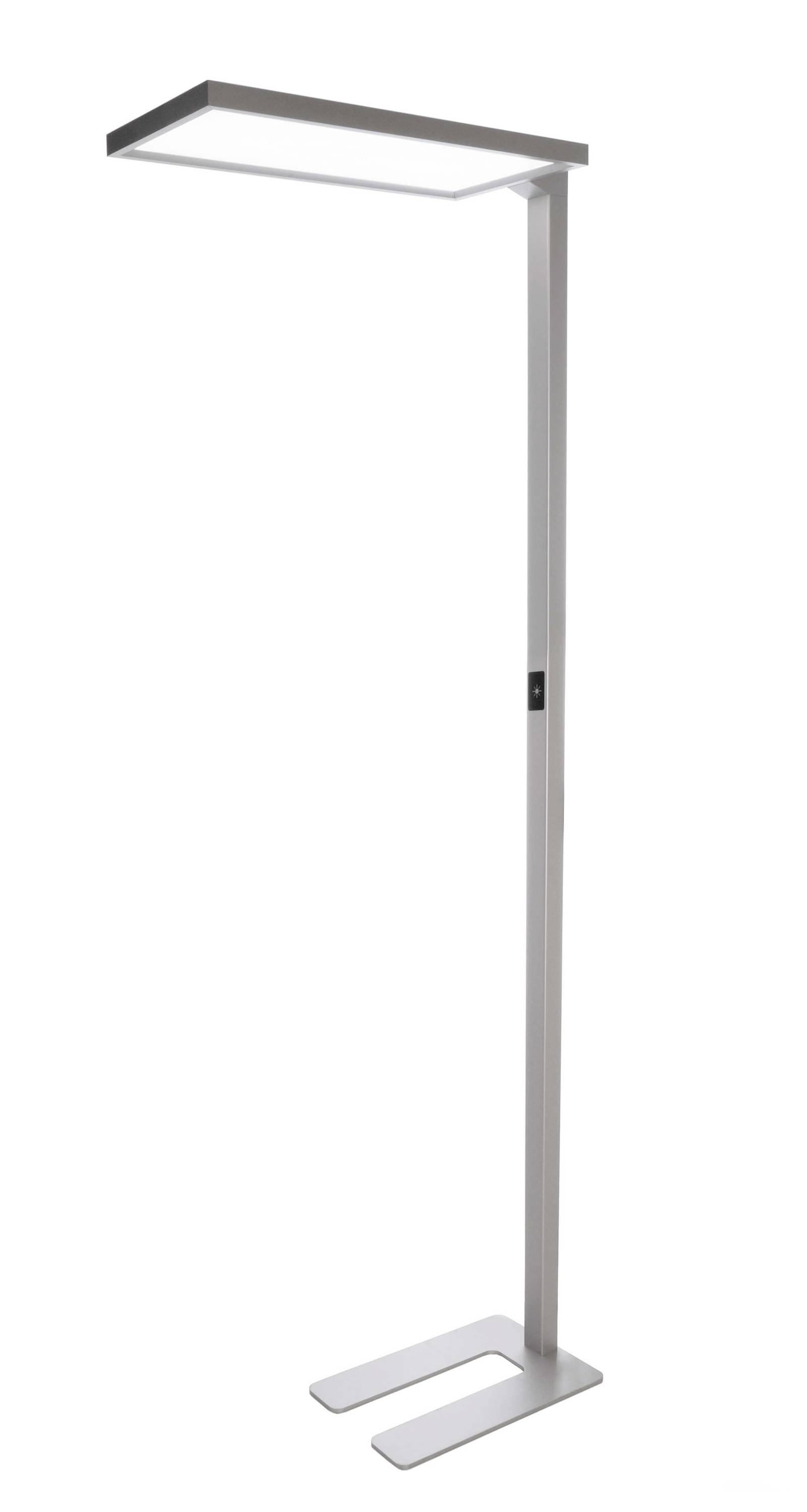 Stehleuchte mit schlankem Design, rechteckigem Leuchtkopf und stabiler Basis aus Metall, geeignet für moderne Innenräume.