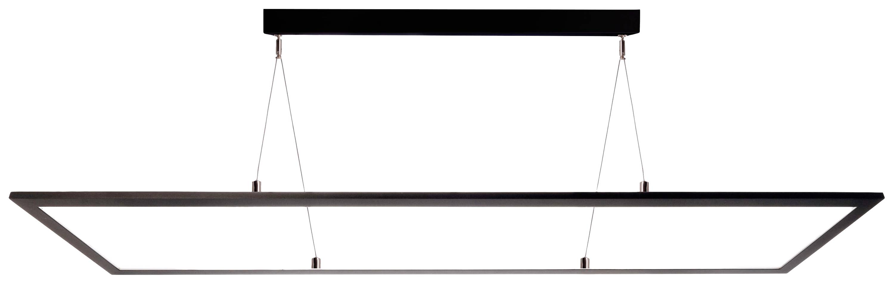 Rechteckige moderne Hängelampe mit minimalistischem Design, hängt von dünnen Drahtseilen an der Decke.