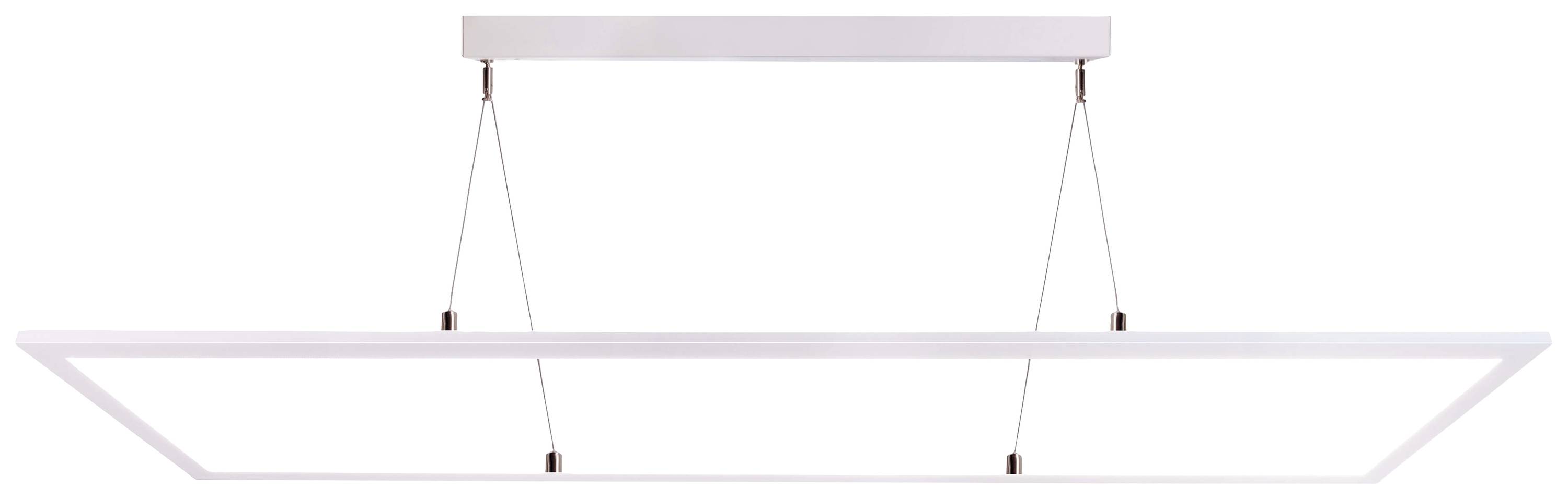 Rechteckige, moderne LED-Hängelampe mit schlankem Design, aufgehängt an dünnen Drähten. Geeignet für minimalistische Inneneinrichtungen.