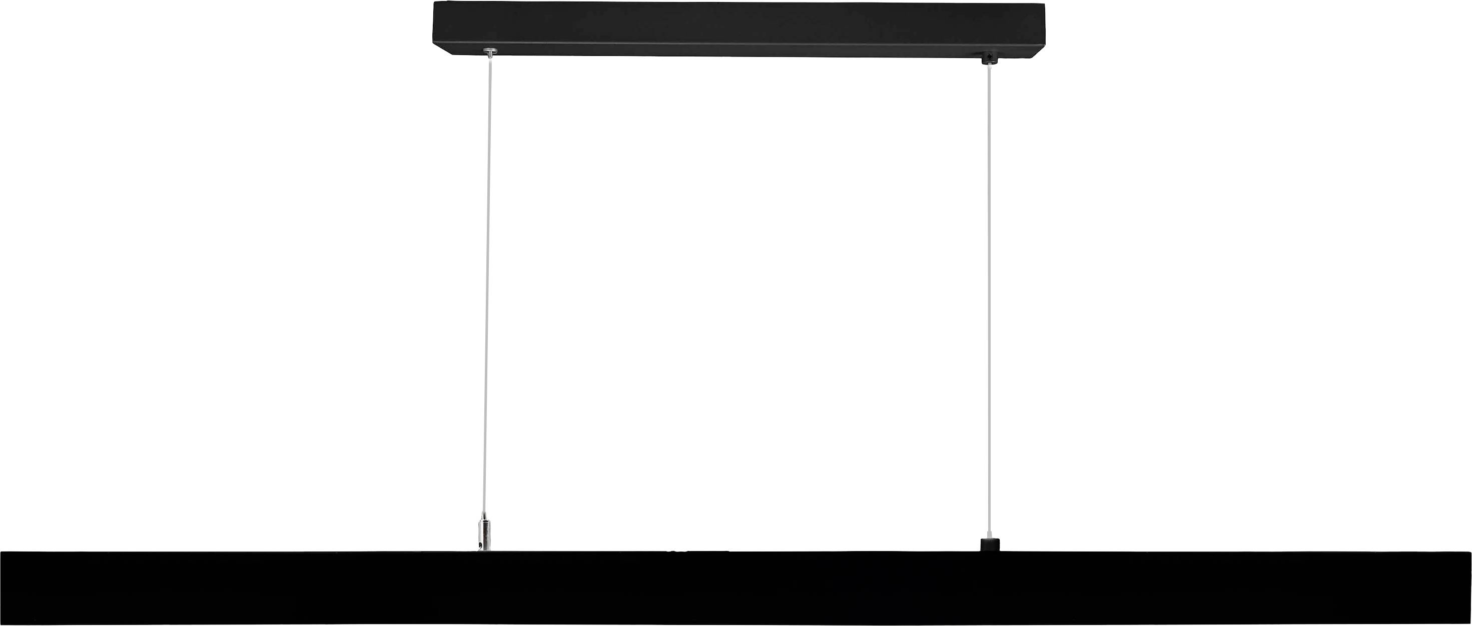 Eine moderne, rechteckige, schwarze Hängelampe mit zwei Kabeln befestigt, schwebt horizontal in der Luft. Ideal für minimalistische Räume.