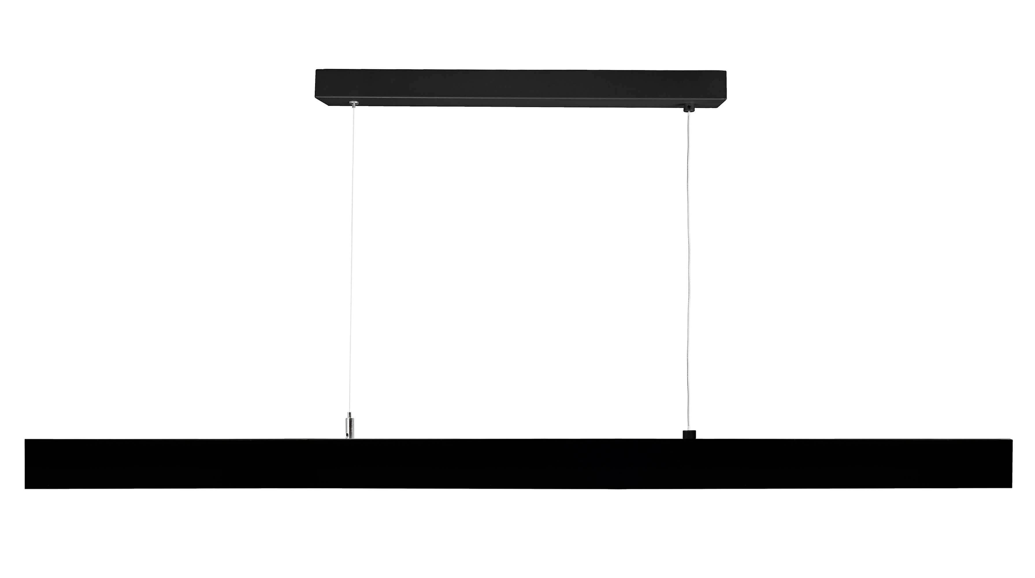 Eine moderne, schwarze Hängelampe mit schlankem, rechteckigem Design und zwei Kabeln, eignet sich für minimalistische Inneneinrichtungen.