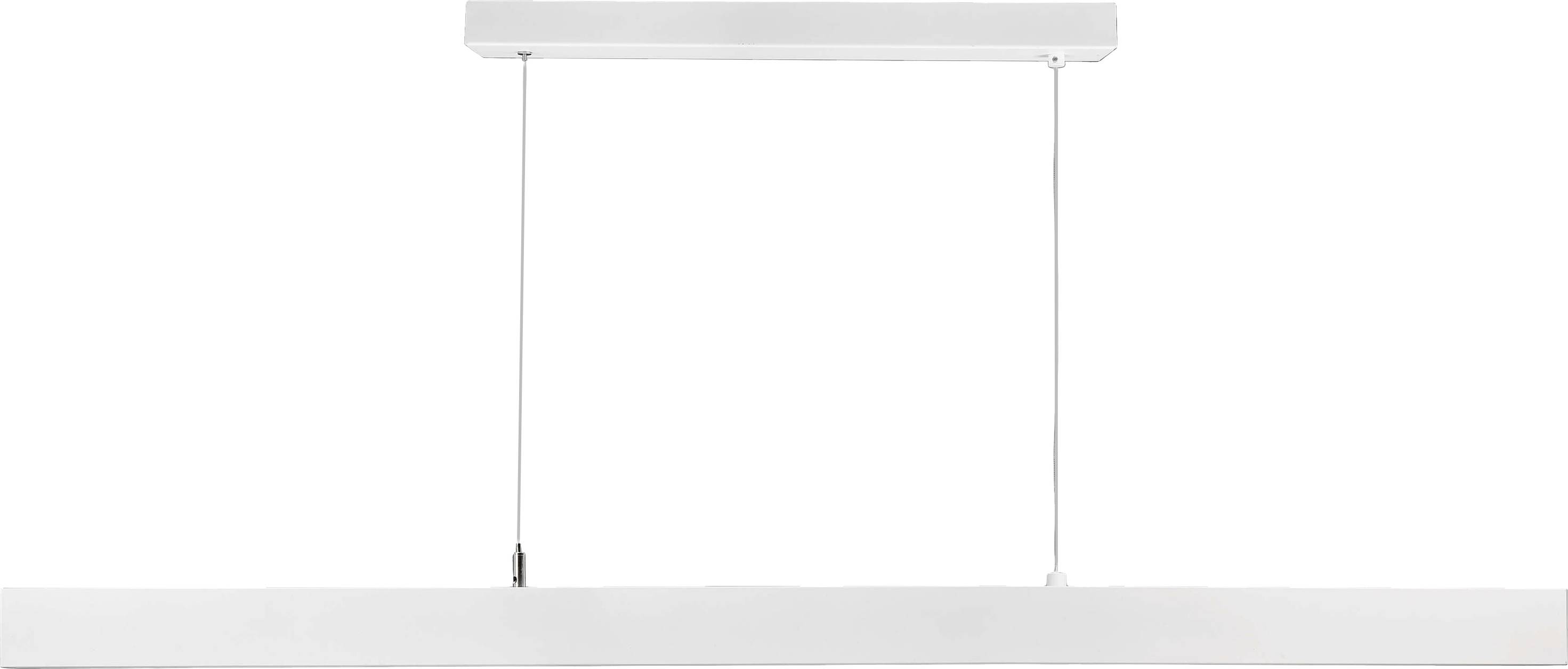 Weiße, minimalistische Pendelleuchte in rechteckiger Form, an dünnen Kabeln befestigt, geeignet für moderne Inneneinrichtung.