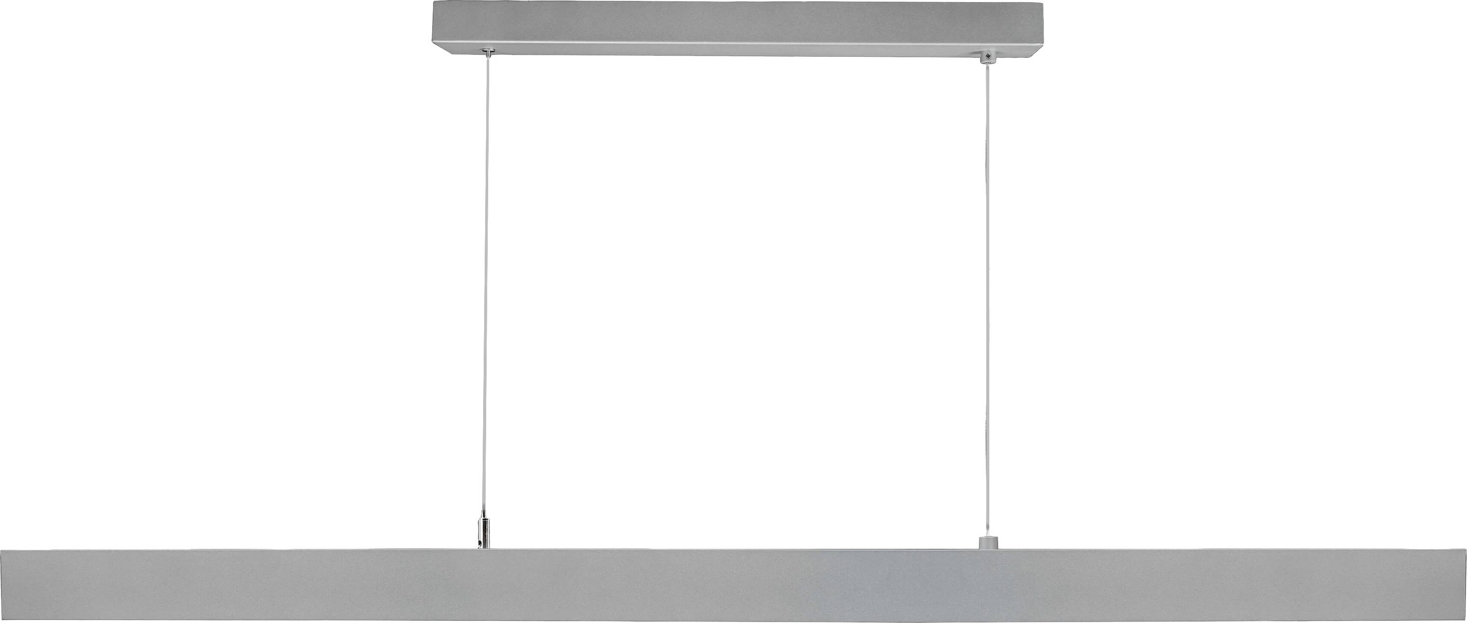 Hängelampe in modernem Design, rechteckiger Metallrahmen, hängt an zwei Drähten. Geeignet für Esszimmer oder Arbeitsbereich.