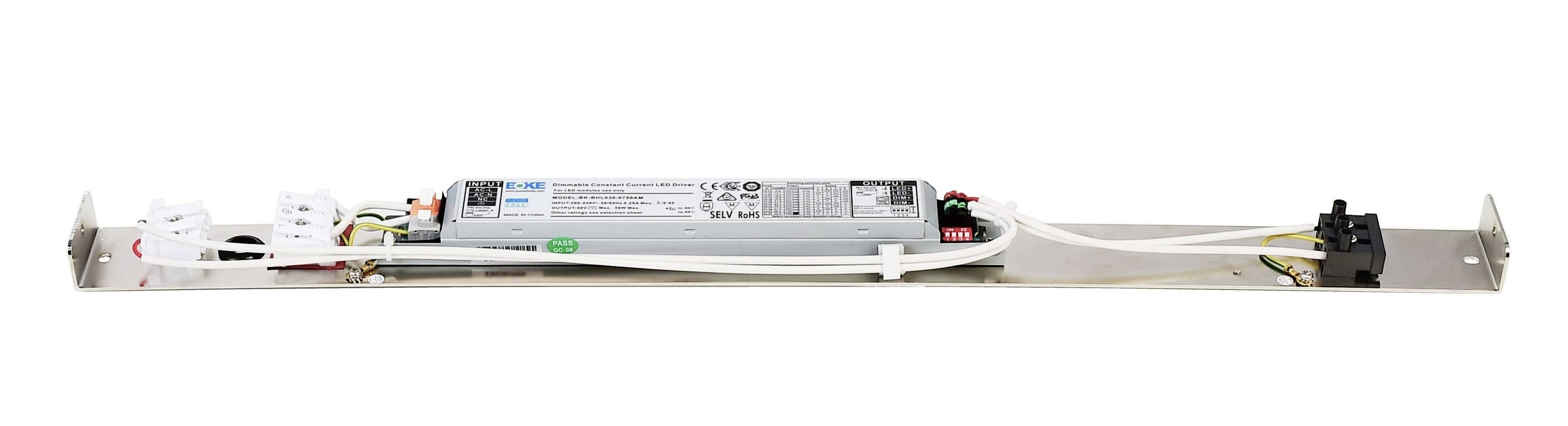 Elektronisches Vorschaltgerät mit Kabeln und Anschlüssen, montiert auf einer Metallplatte. Geeignet für Leuchtstoff- oder LED-Lampen.