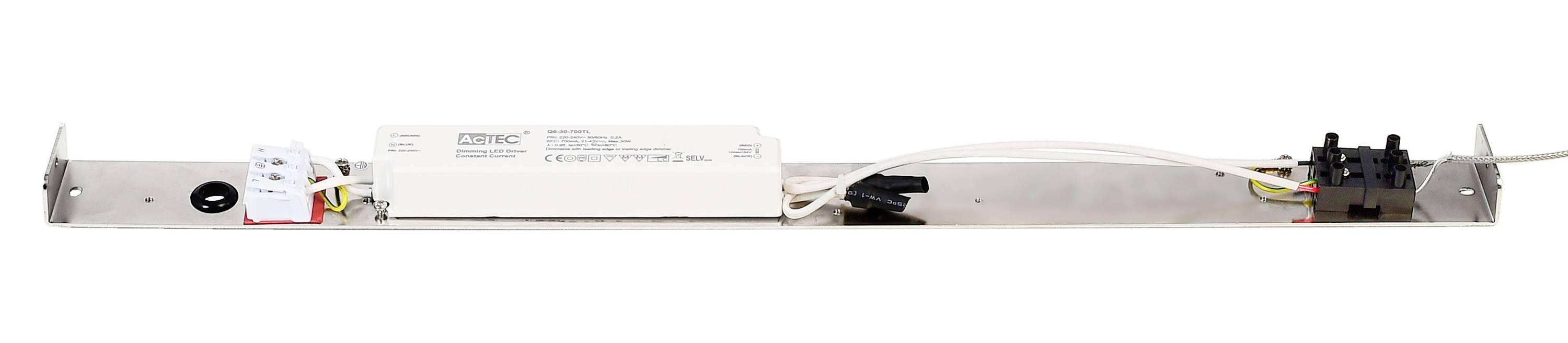 Langes, schmales elektronisches Gerät mit Kabeln und Anschlüssen, montiert auf einem Metallstreifen. Verwendet für technische Installationen.