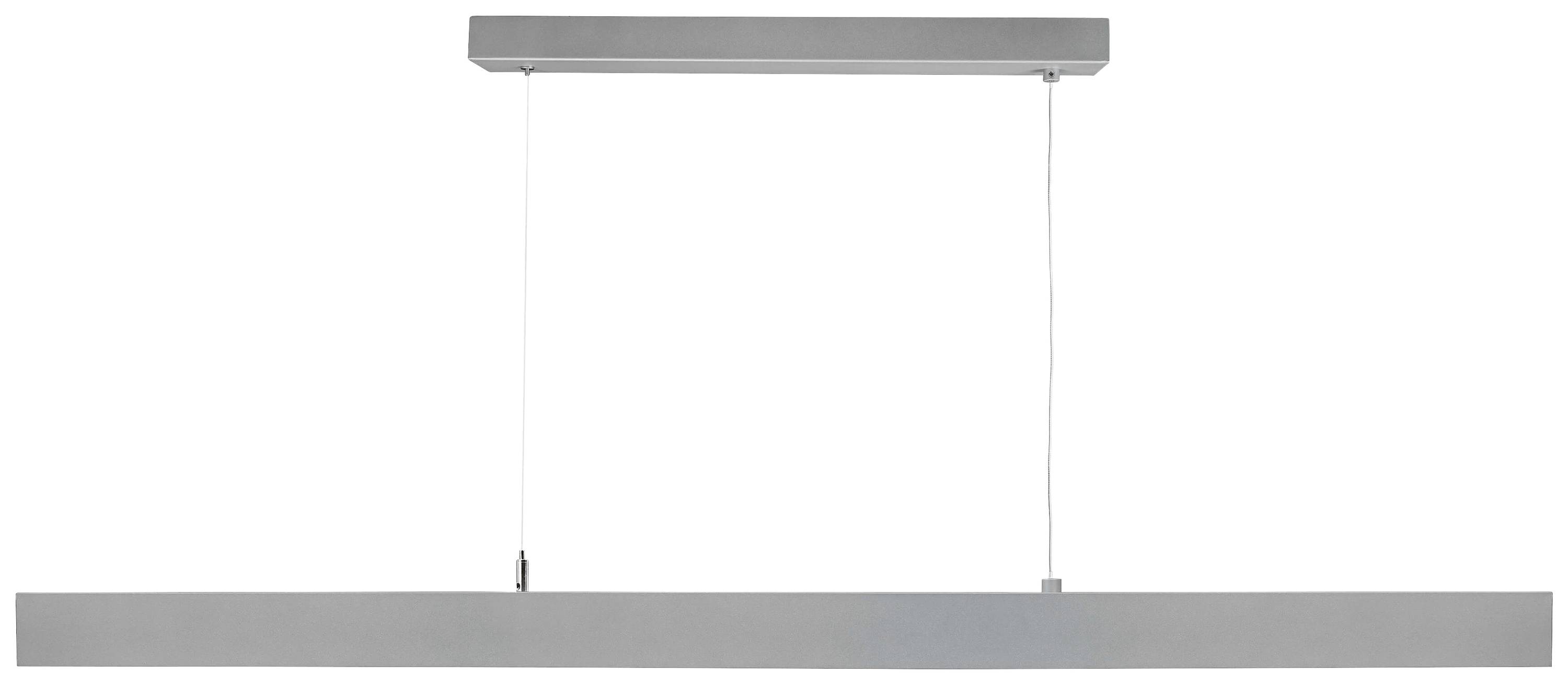Graue, längliche Hängeleuchte mit rechteckigem Baldachin und zwei dünnen Kabeln. Modernes Design, geeignet für Esszimmer oder Büro.