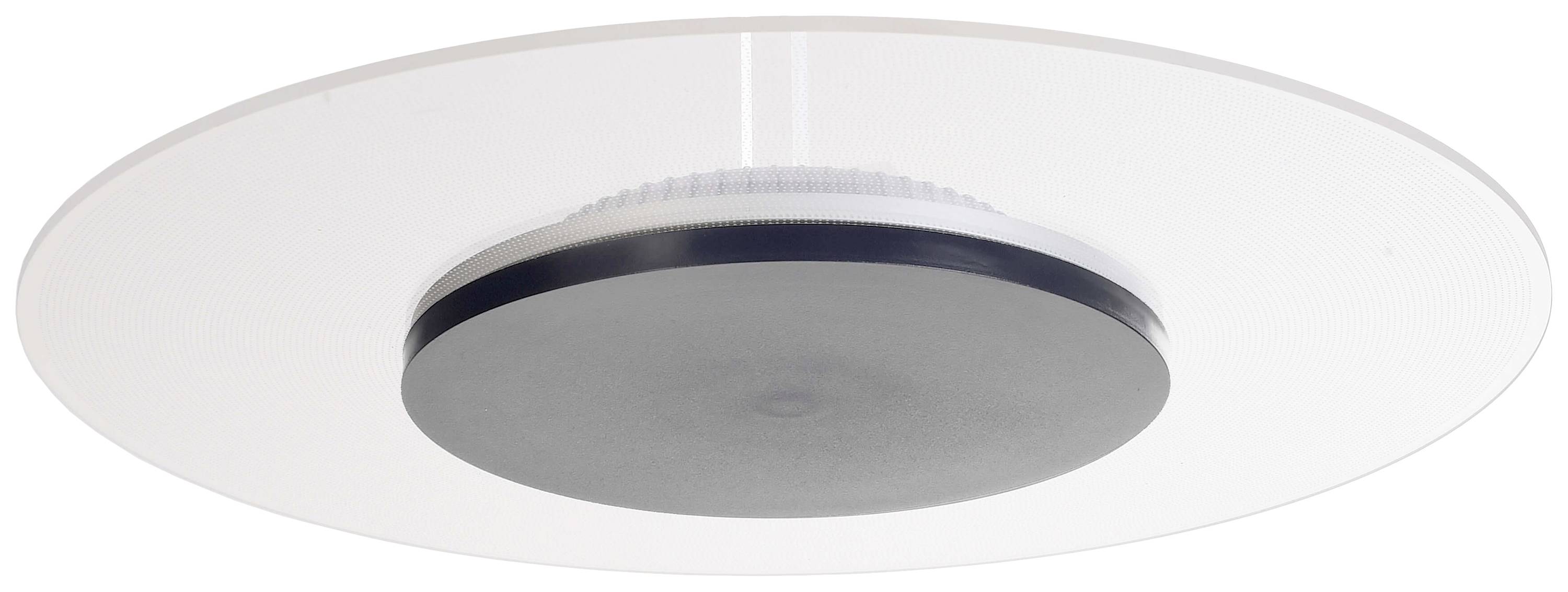 Ein rundes, modernes Deckenlicht mit einem flachen, schwarzen zentralen Element und einem weißen äußeren Ring, montiert an der Decke.
