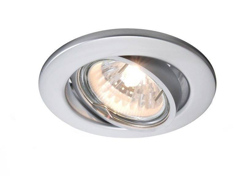Runde Einbauleuchte mit metallischem Rahmen und integrierter Glühlampe, eingeschaltet und Licht abstrahlend.