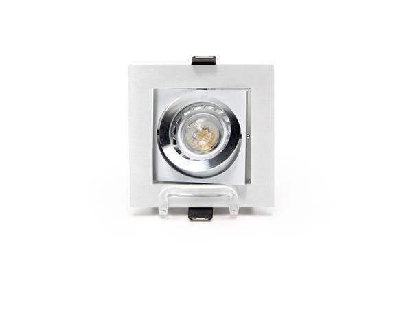 Quadratische Einbauleuchte in Silber, zentraler runder Reflektor. Geeignet zur Wand- oder Deckenmontage in modernen Innenräumen.