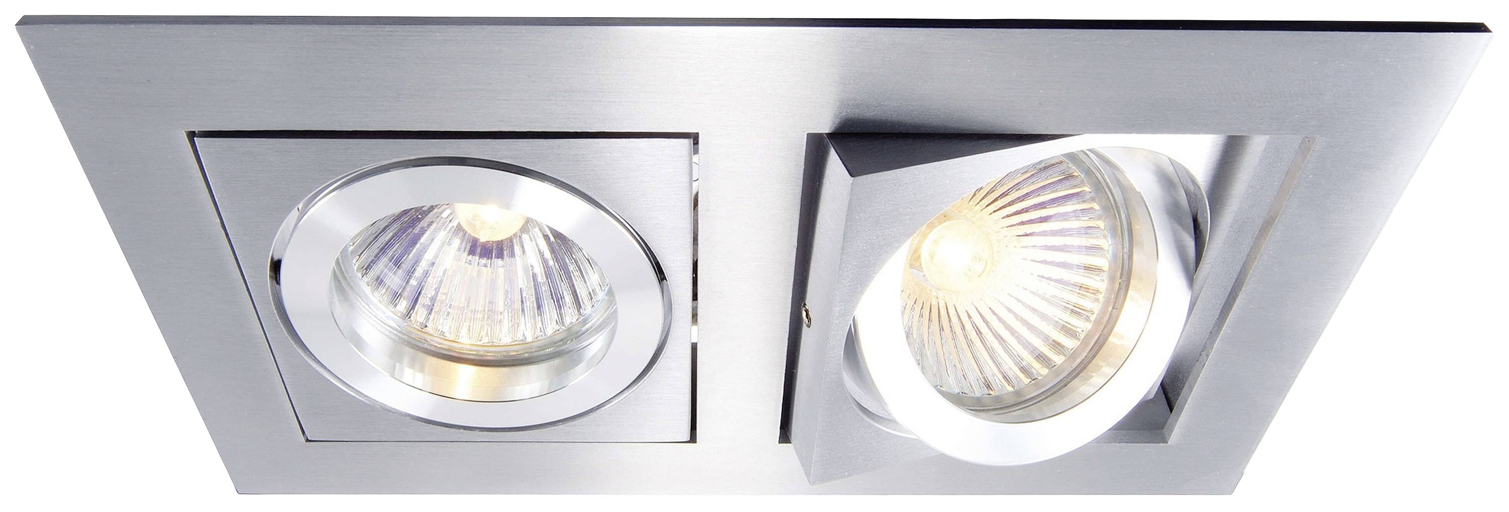 Zwei quadratische Deckenstrahler mit silbernem Rahmen, einer zeigt geradeaus, der andere ist schräg eingestellt, erzeugen gerichtetes Licht.