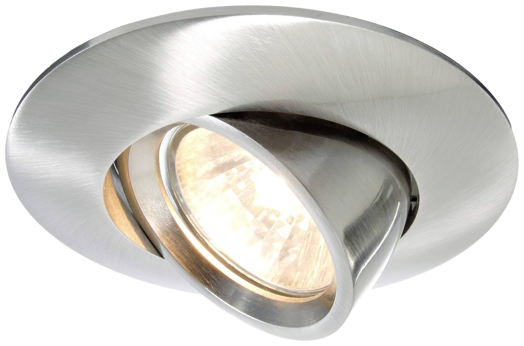 Runde, schwenkbare Einbauleuchte aus Metall mit glänzendem Finish und sichtbarem Glühbirneneinsatz. Geeignet für Deckenmontage.