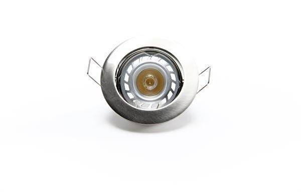 Eine runde, silberne LED-Einbauleuchte mit einem sichtbaren Leuchtmittel in der Mitte auf weißem Hintergrund.