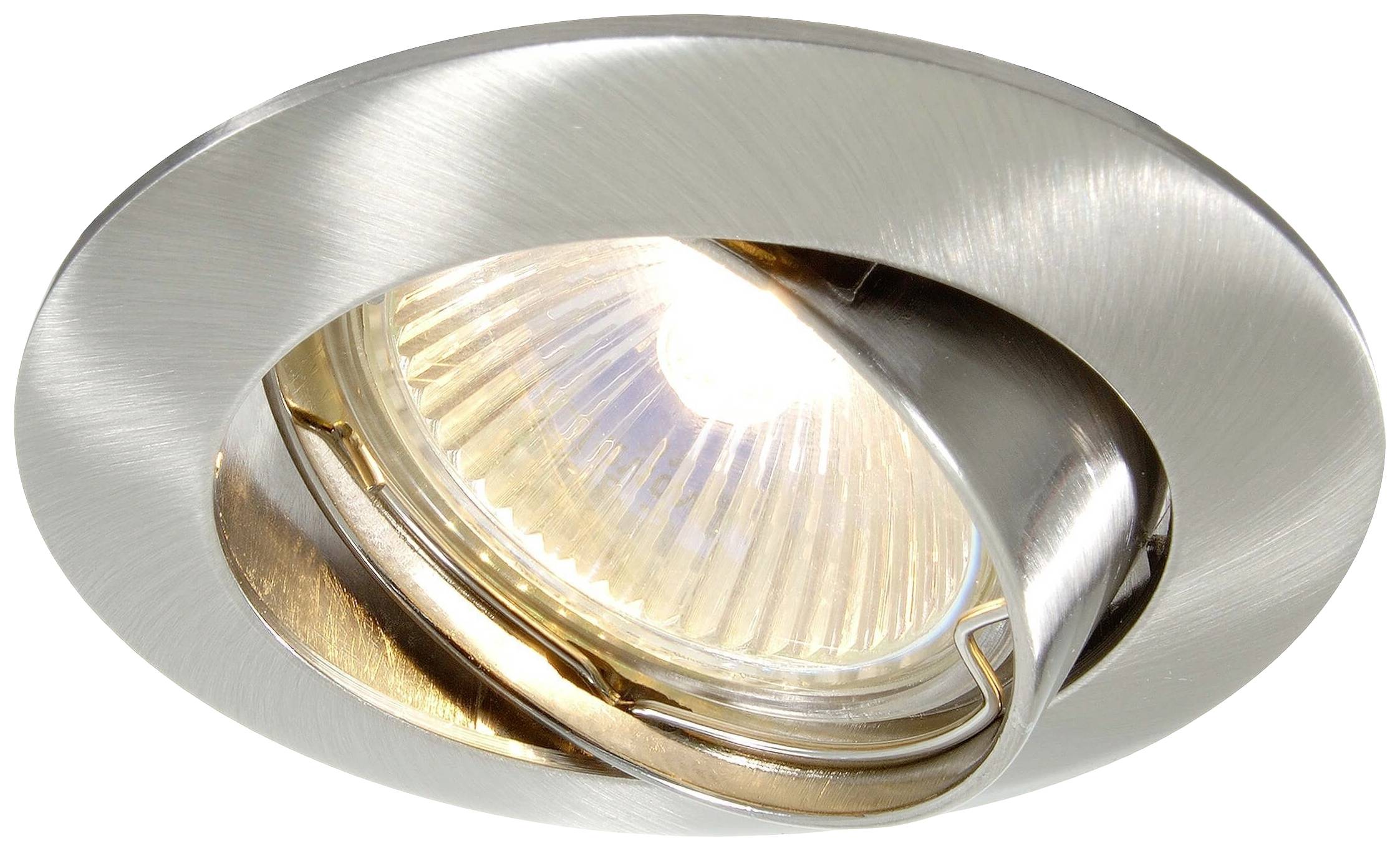 Einbaustrahler aus gebürstetem Metall mit rundem Rahmen und eingesetztem Leuchtmittel.