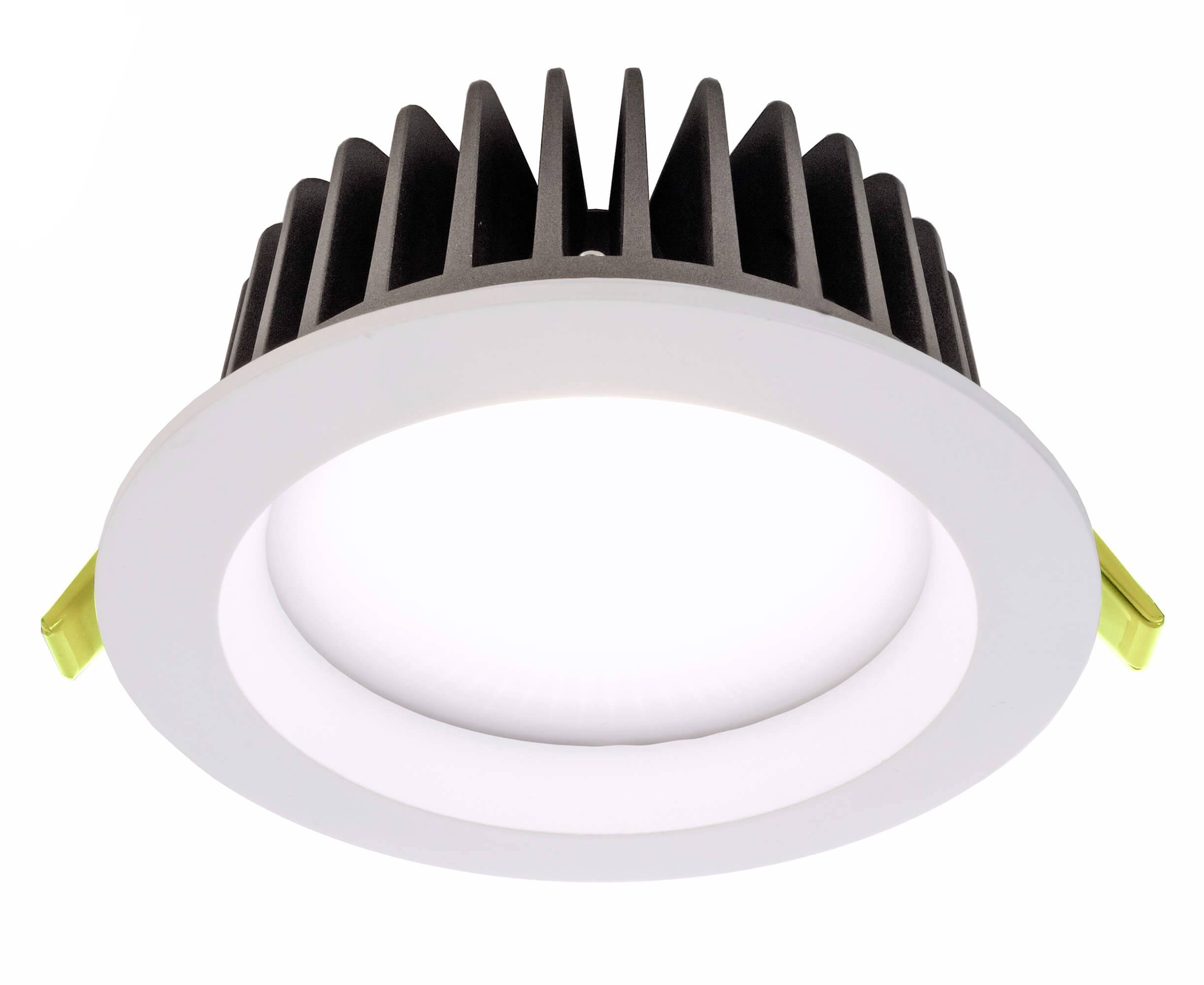 Runder LED-Einbaustrahler mit weißem Rand und schwarzem Kühlkörper, seitlich mit gelben Clips zur Befestigung versehen.