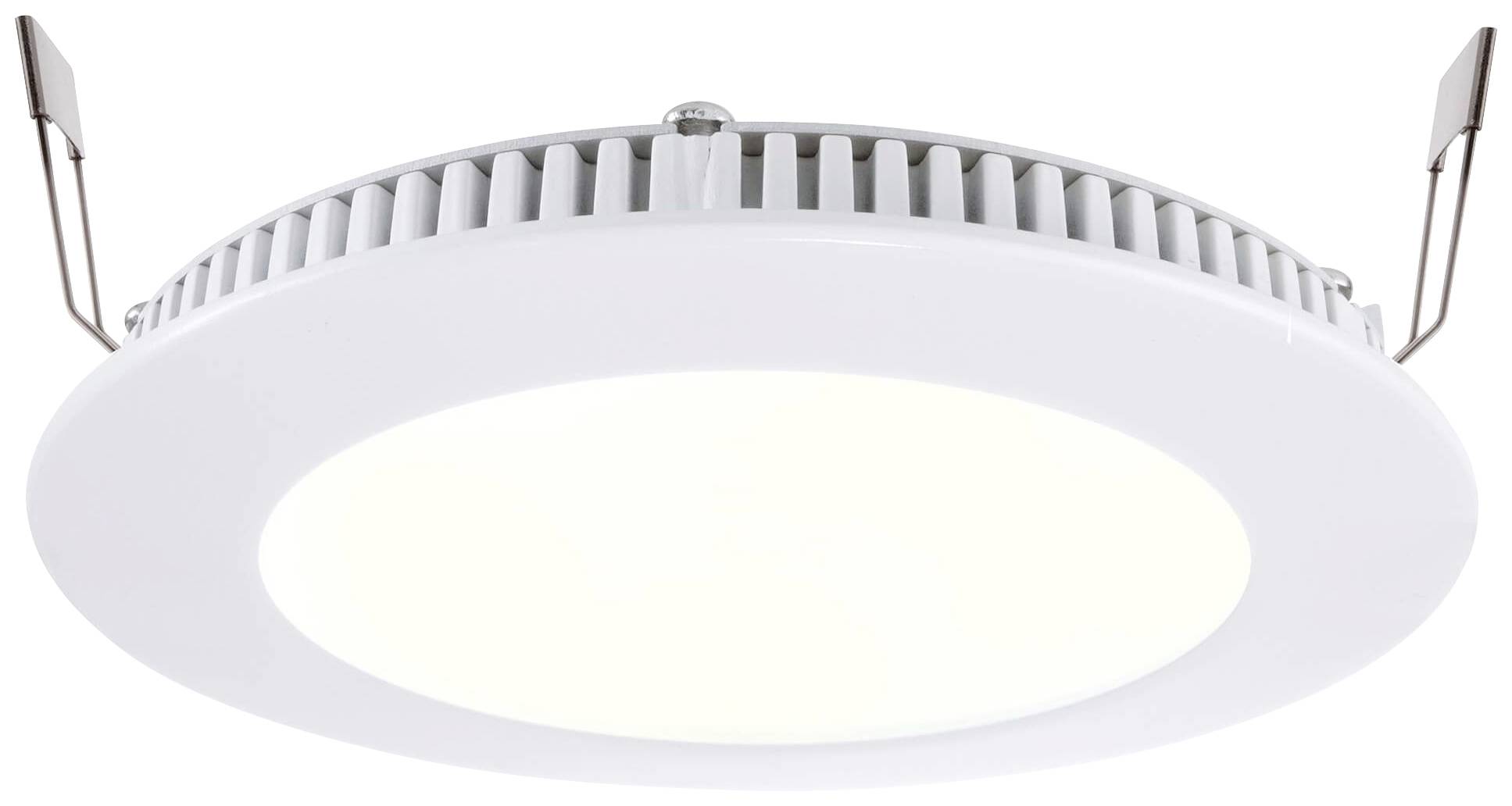 Runde LED-Deckenleuchte mit weißen Metallklammern, geeignet für flache Deckenmontage.