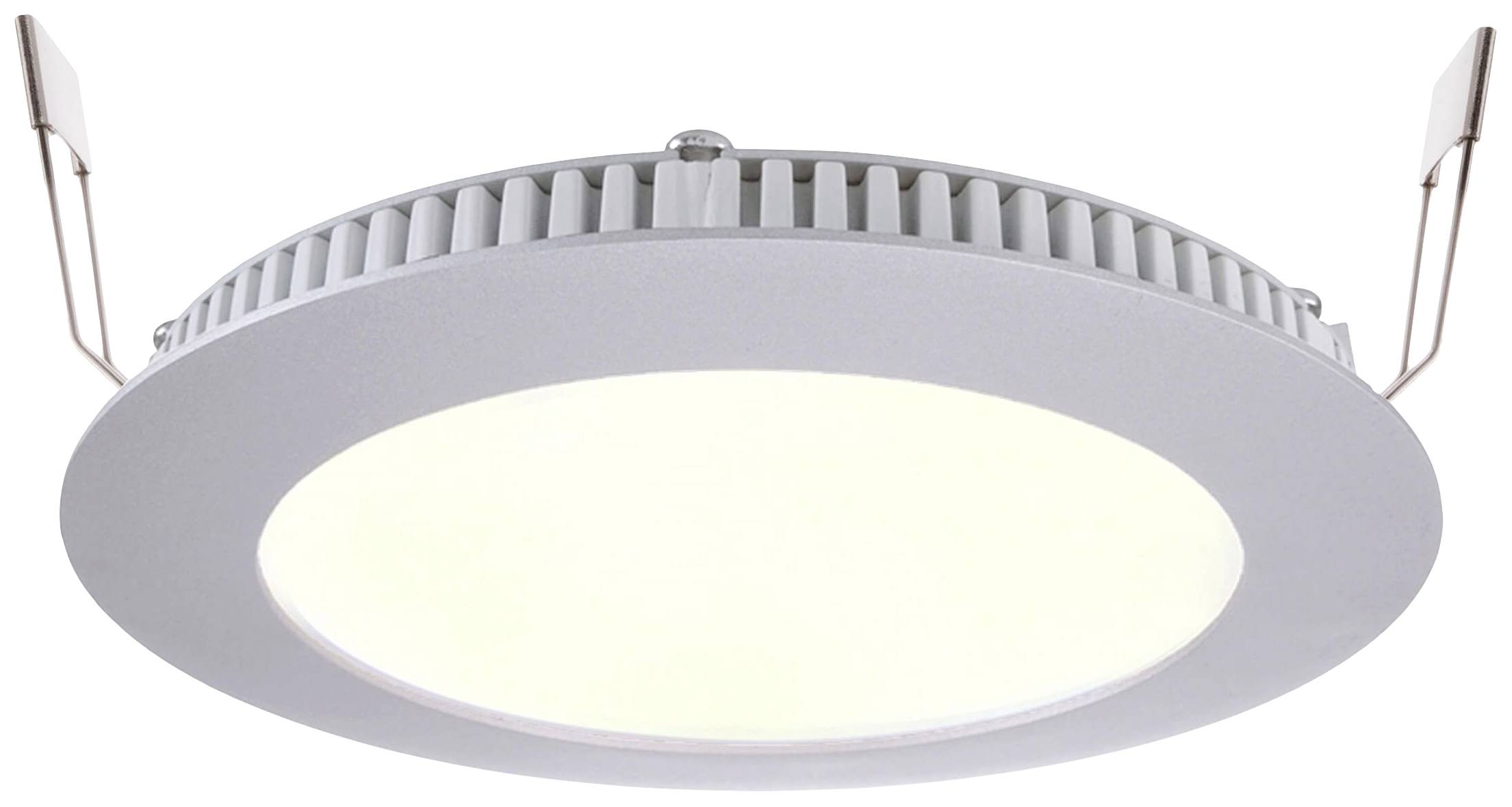 Runde, weiße LED-Deckenleuchte mit integrierten Kühlrippen und zwei Befestigungsklammern seitlich.