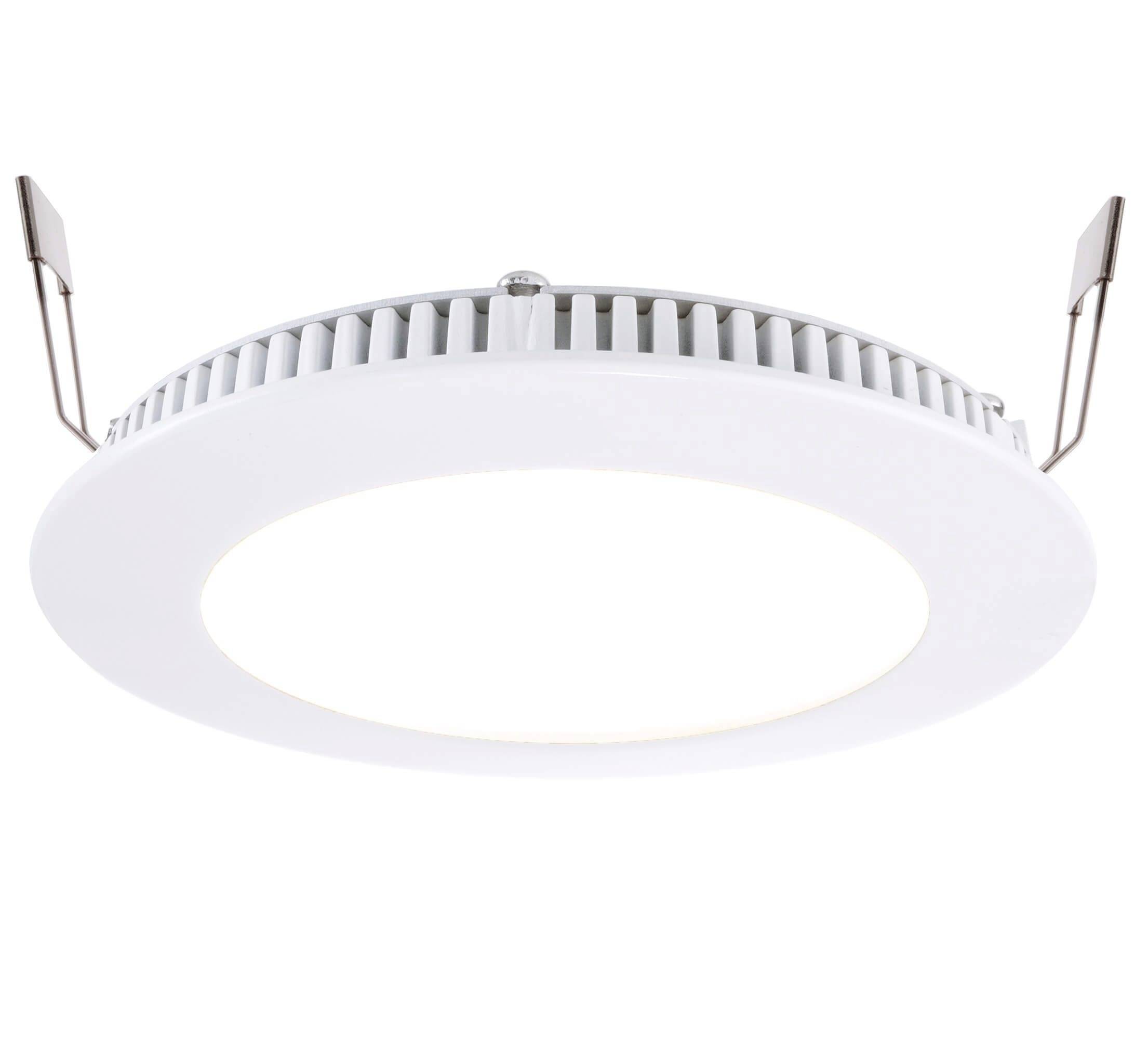 Runde, weiße LED-Deckenleuchte mit metallischen Halterungen, geeignet für den Einbau in Decken.