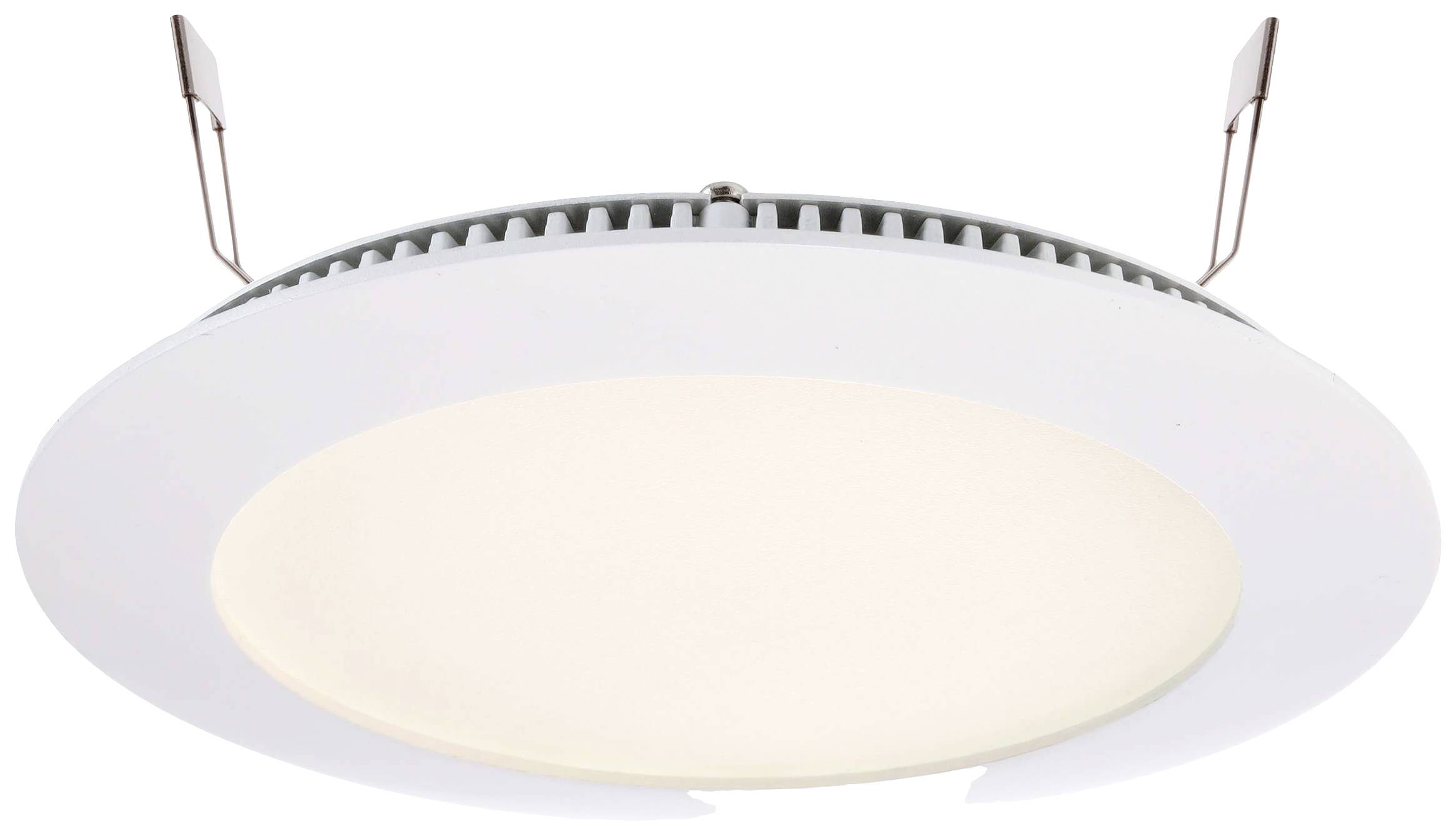 Eine weiße, runde LED-Einbauleuchte mit Metallklammern für die Deckenmontage. Sie strahlt ein warmes, gleichmäßiges Licht aus.