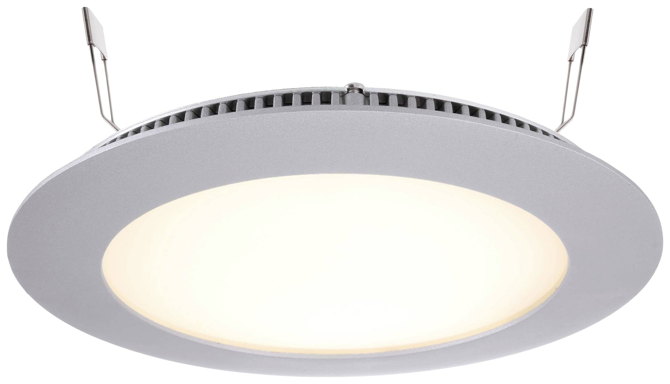 Rundes, flaches LED-Deckenlicht in weißem Gehäuse, mit zwei Metallklammern zur Befestigung an der Decke. Energiesparendes Design.